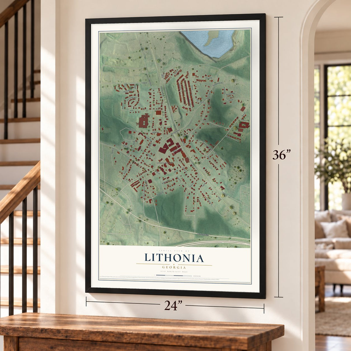 Lithonia, Georgia map, 24 x 36 inch print in a black frame by a staircase