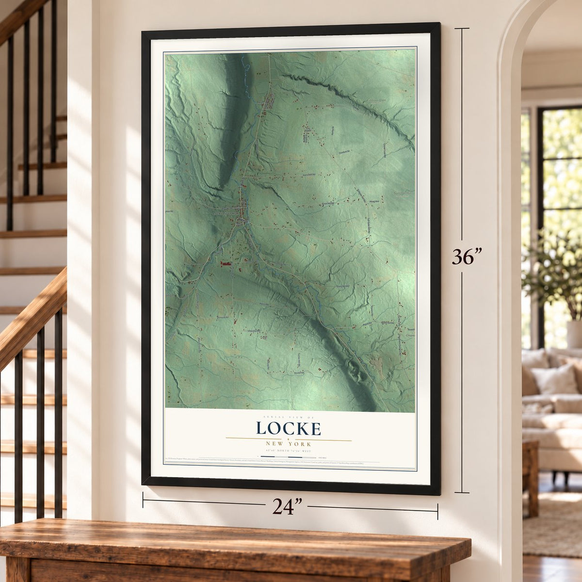 Locke, New York map, 24 x 36 inch print in a black frame by a staircase