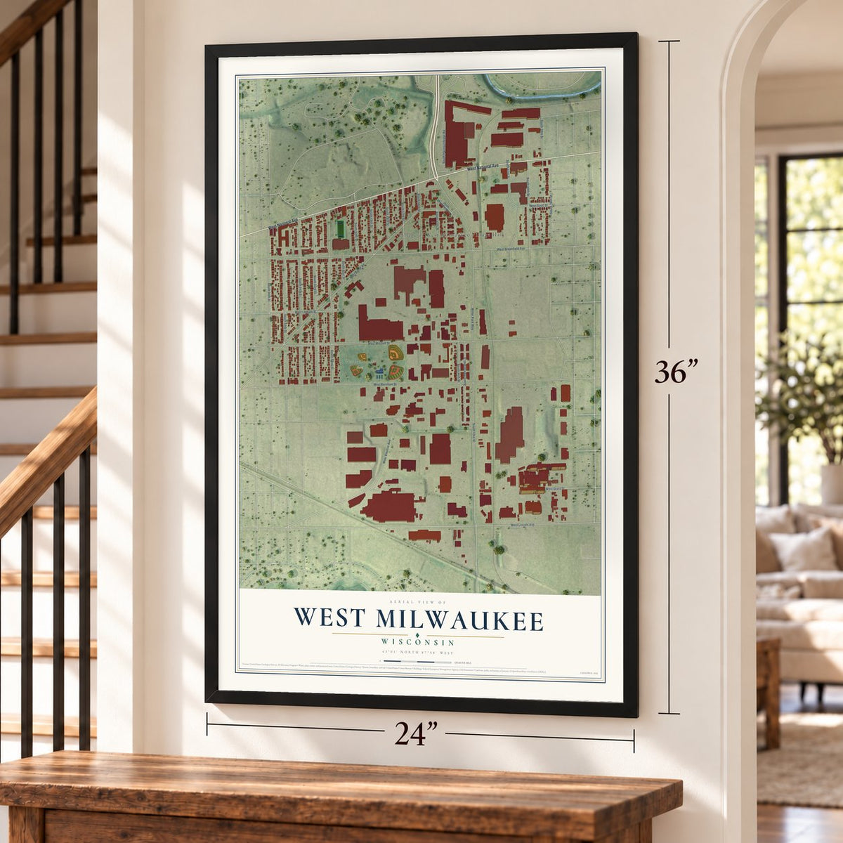 West Milwaukee, Wisconsin map, 24 x 36 inch print in a black frame by a staircase