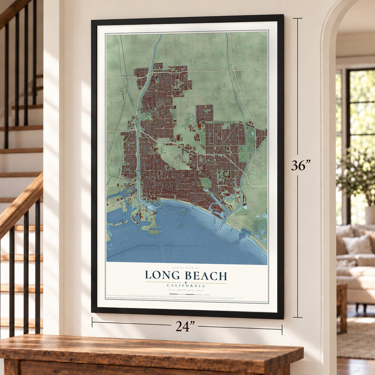 Long Beach, California map, 24 x 36 inch print in a black frame by a staircase