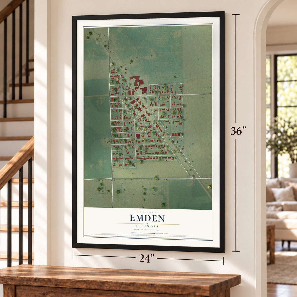 Emden, Illinois map, 24 x 36 inch print in a black frame by a staircase