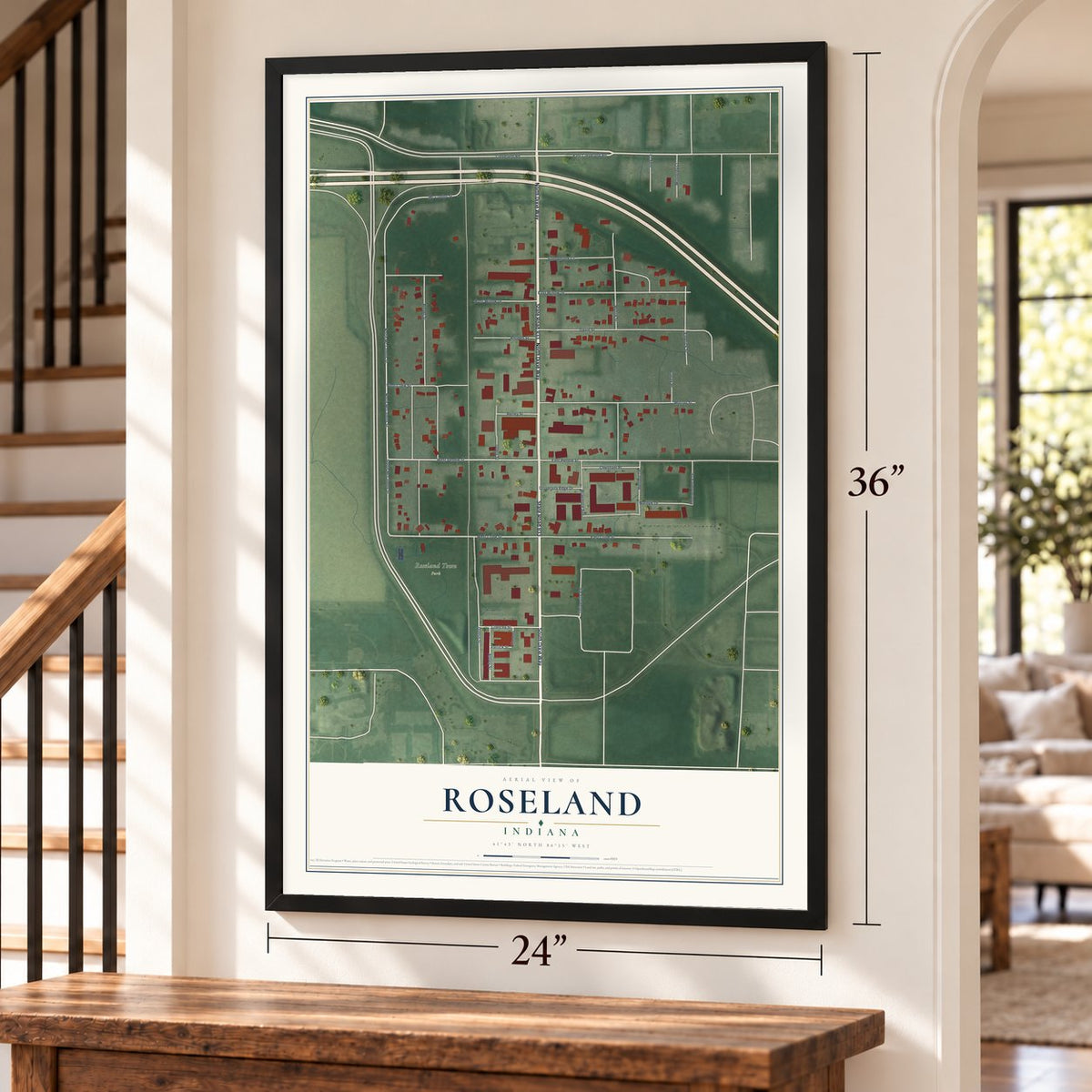Roseland, Indiana map, 24 x 36 inch print in a black frame by a staircase