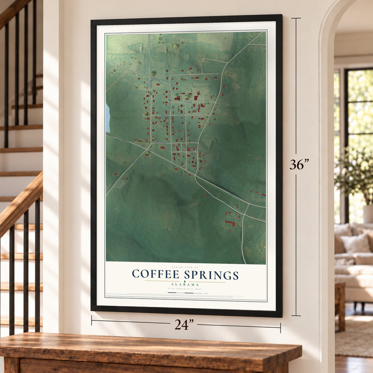 Coffee Springs, Alabama map, 24 x 36 inch print in a black frame by a staircase