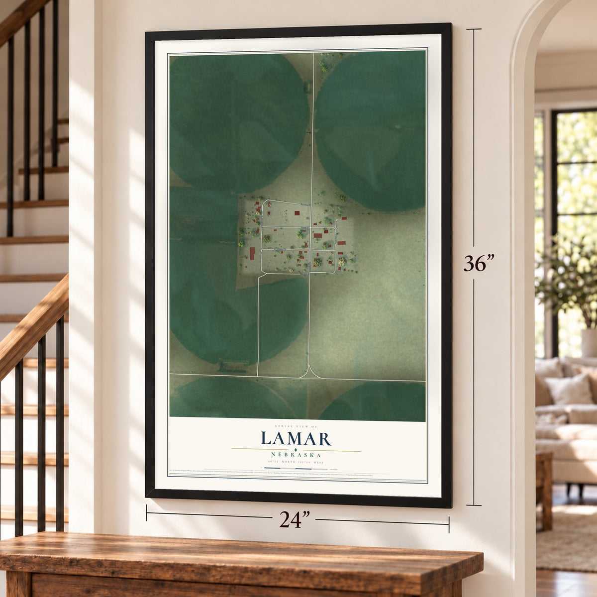 Lamar, Nebraska map, 24 x 36 inch print in a black frame by a staircase