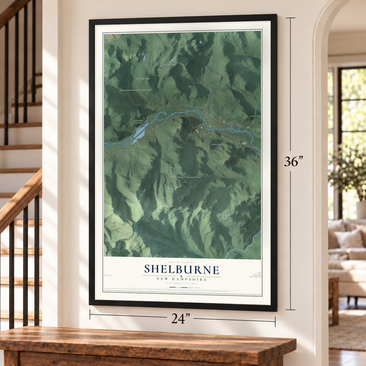 Shelburne, New Hampshire map, 24 x 36 inch print in a black frame by a staircase