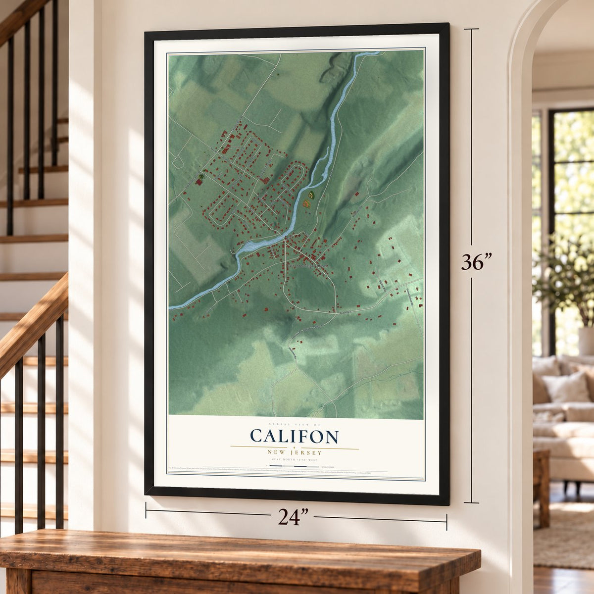 Califon, New Jersey map, 24 x 36 inch print in a black frame by a staircase