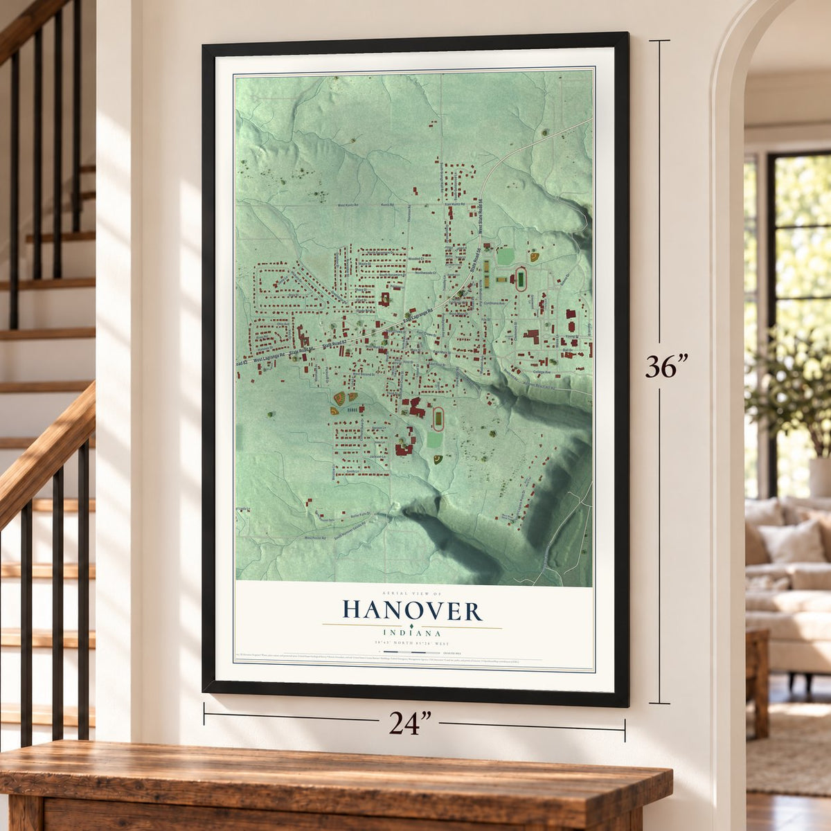 Hanover, Indiana map, 24 x 36 inch print in a black frame by a staircase