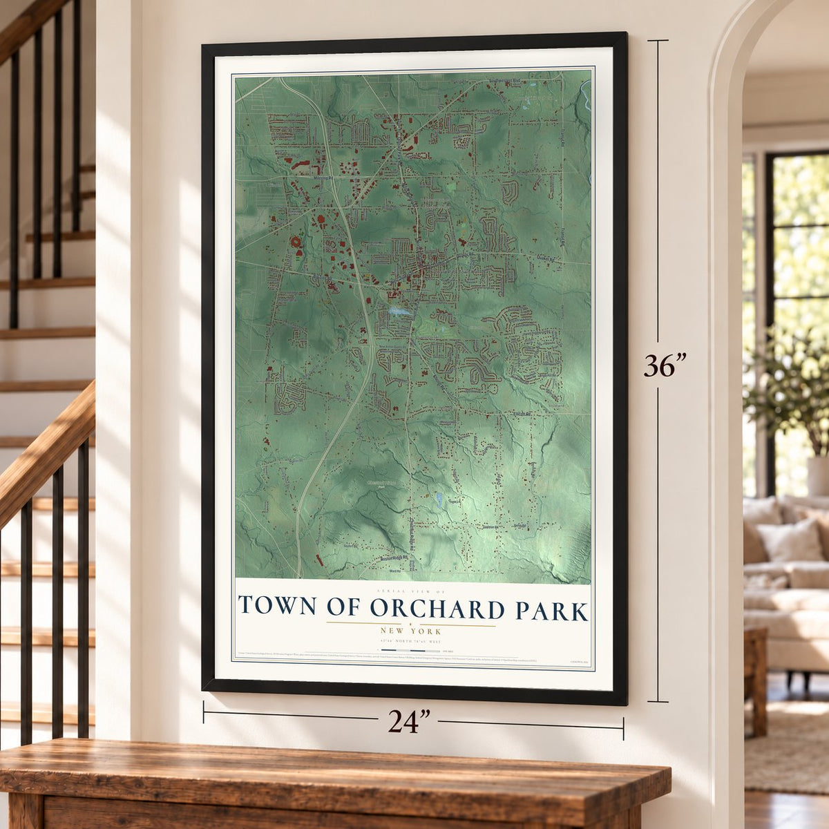 Town of Orchard Park, New York map, 24 x 36 inch print in a black frame by a staircase