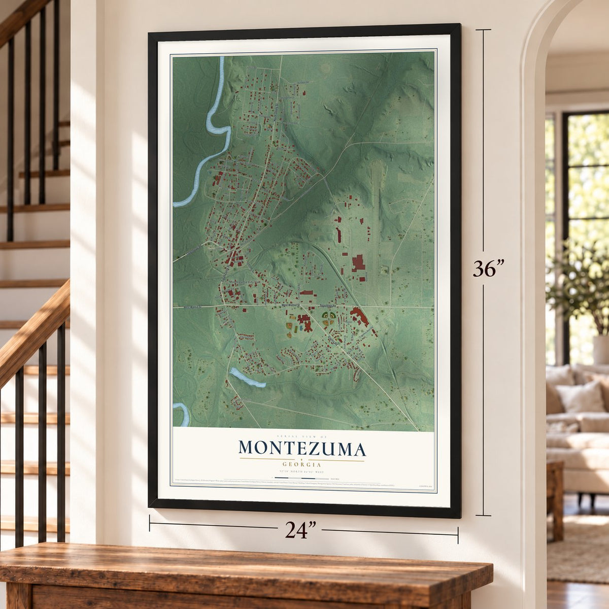 Montezuma, Georgia map, 24 x 36 inch print in a black frame by a staircase