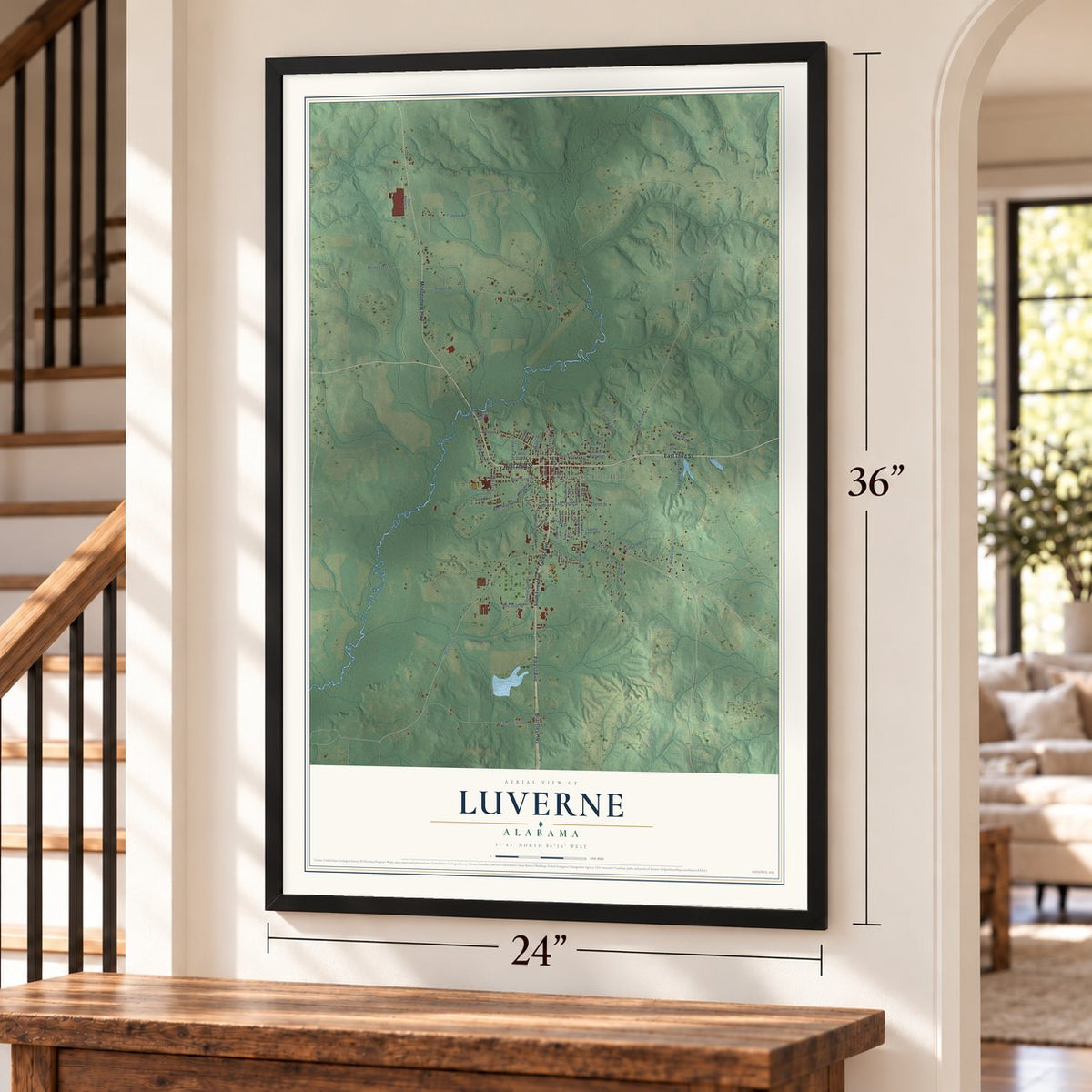 Luverne, Alabama map, 24 x 36 inch print in a black frame by a staircase