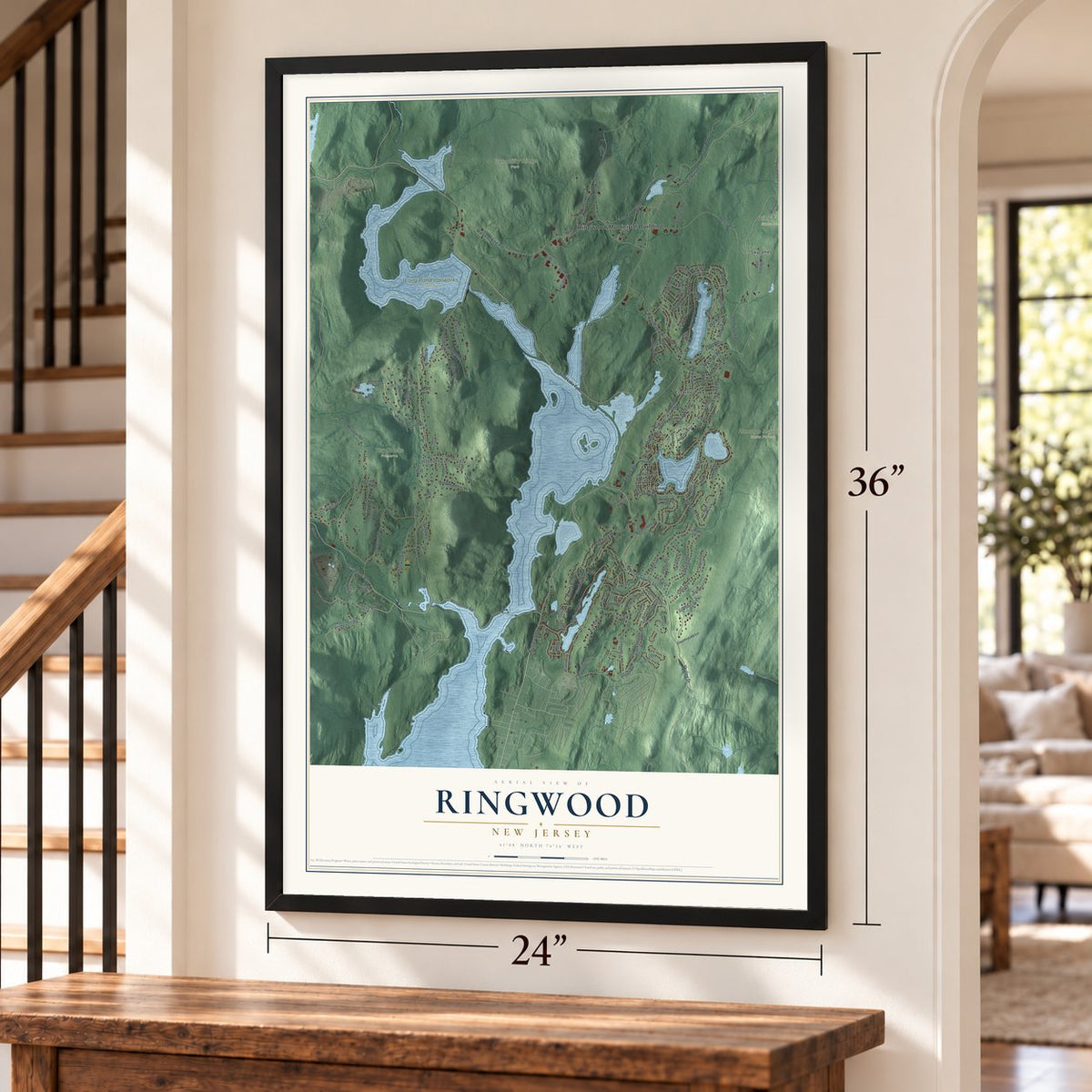 Ringwood, New Jersey map, 24 x 36 inch print in a black frame by a staircase