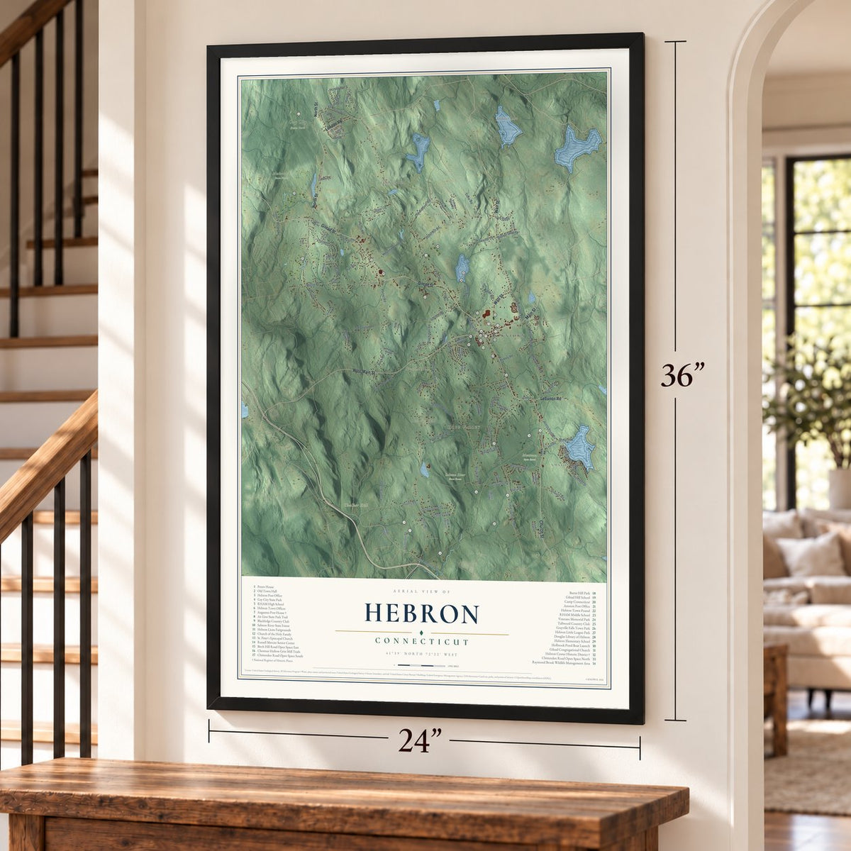 Hebron, Connecticut map, 24 x 36 inch print in a black frame by a staircase