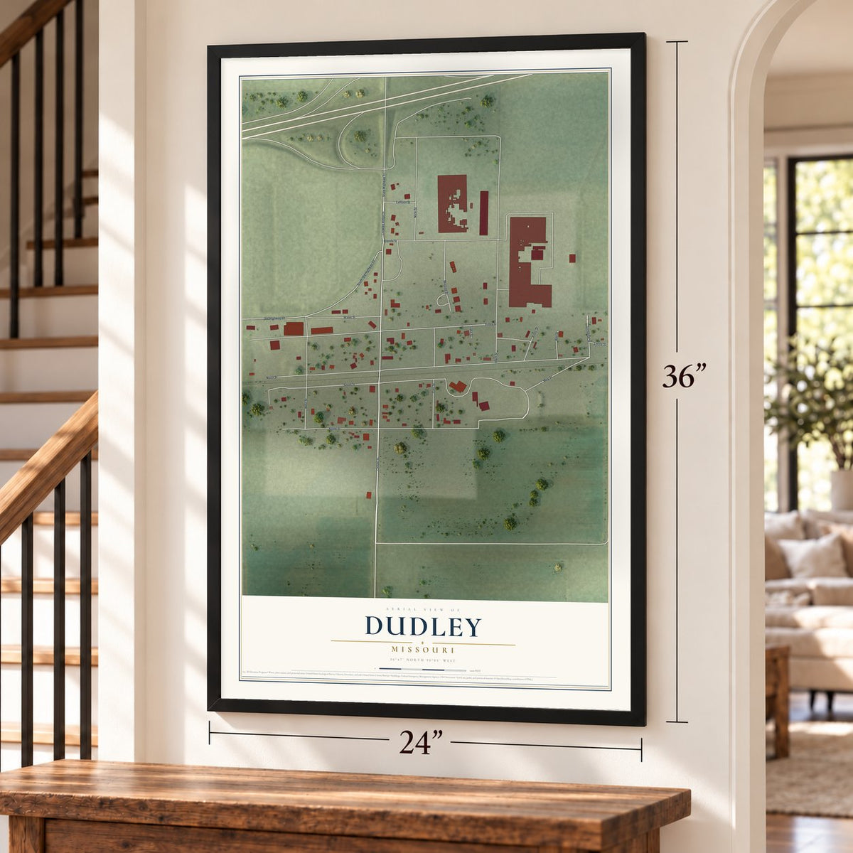 Dudley, Missouri map, 24 x 36 inch print in a black frame by a staircase