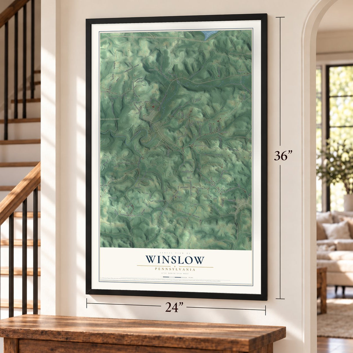 Winslow, Pennsylvania map, 24 x 36 inch print in a black frame by a staircase
