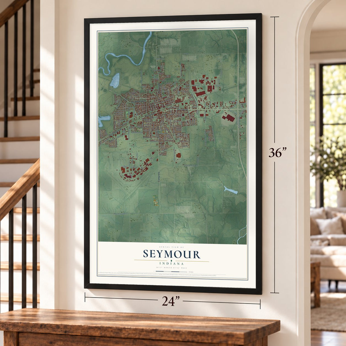 Seymour, Indiana map, 24 x 36 inch print in a black frame by a staircase