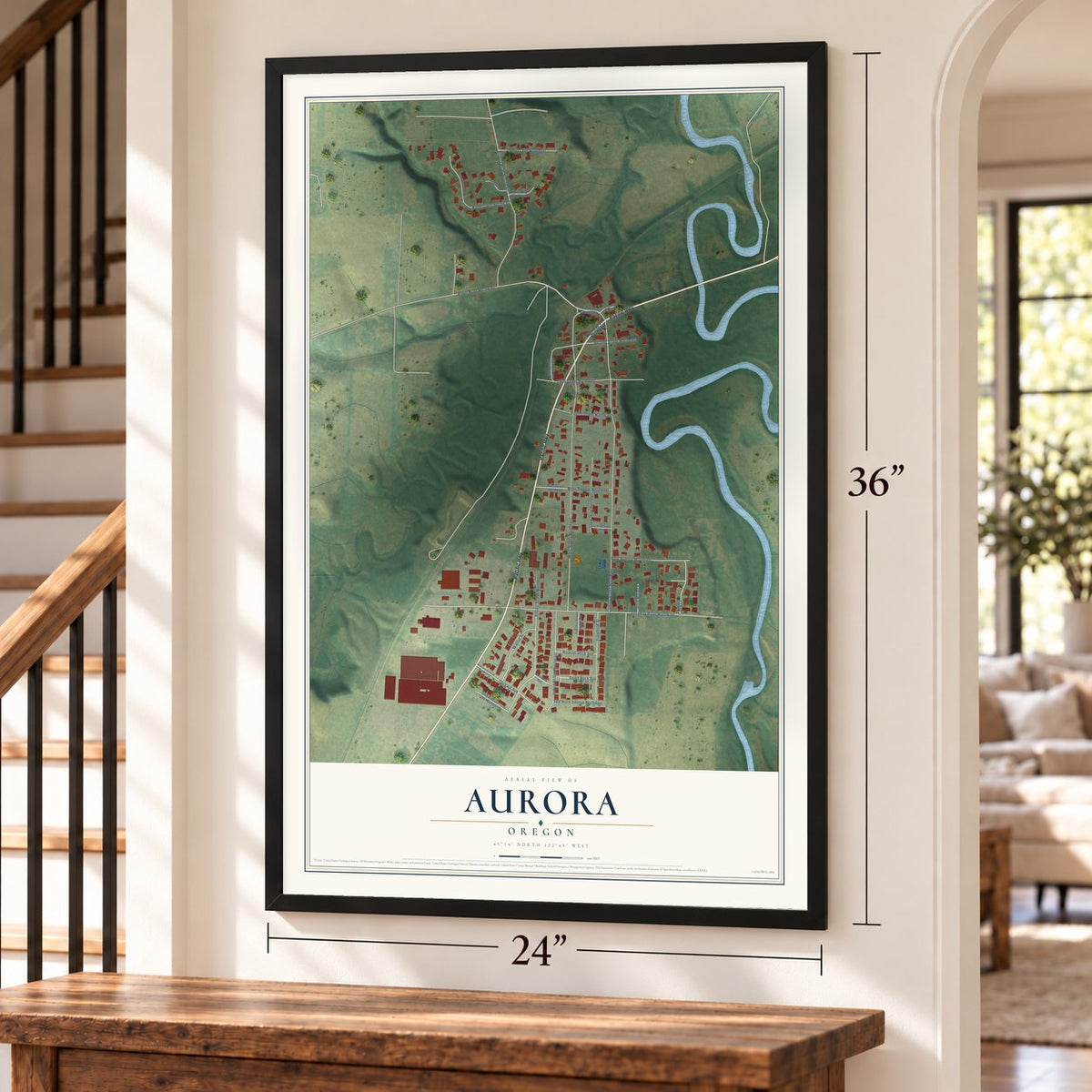 Aurora, Oregon map, 24 x 36 inch print in a black frame by a staircase