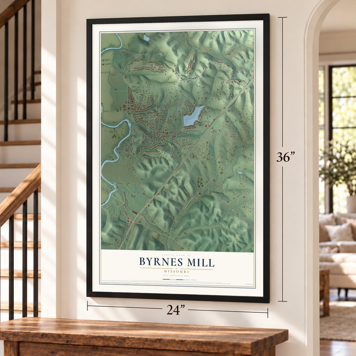 Byrnes Mill, Missouri map, 24 x 36 inch print in a black frame by a staircase