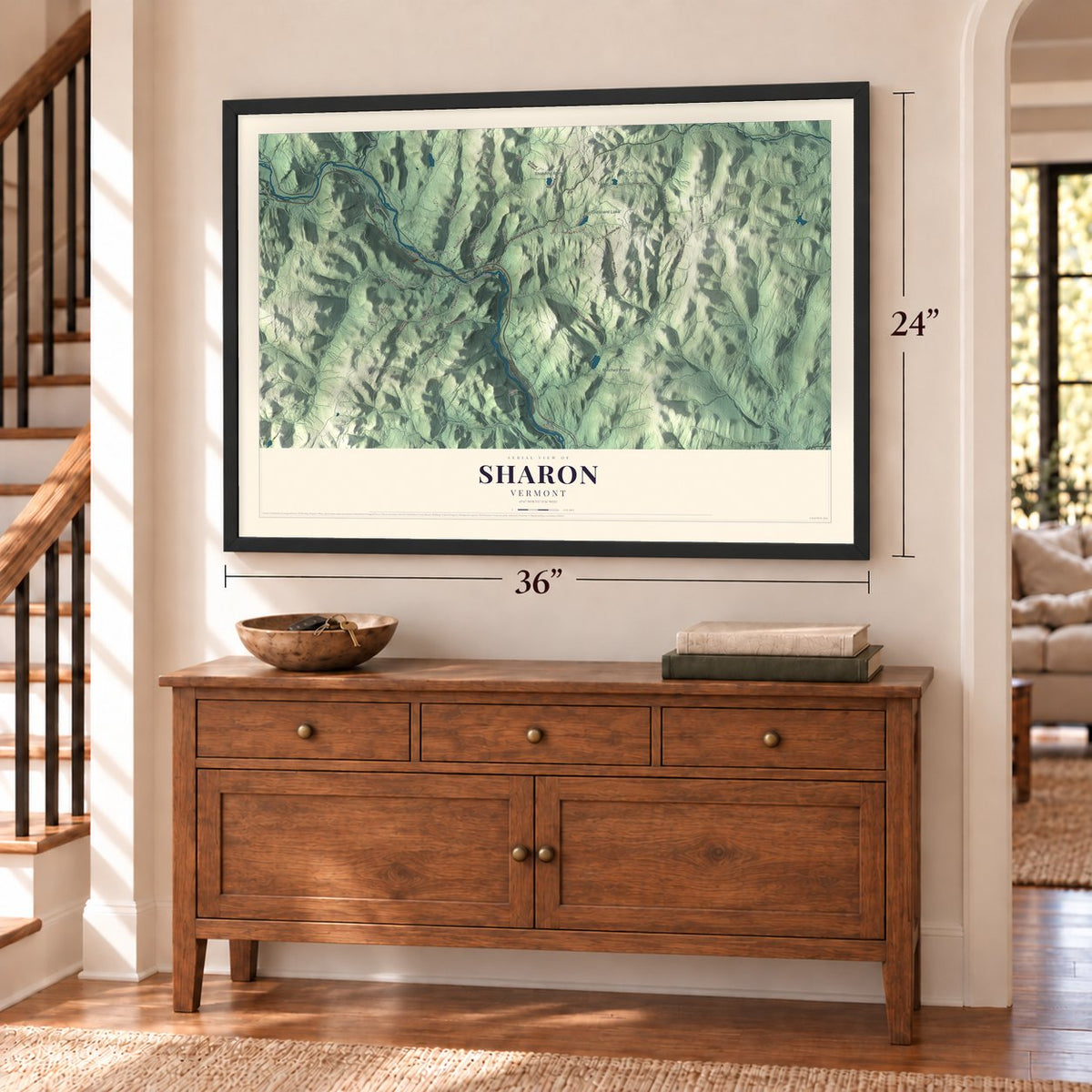 Sharon, Vermont map, 24 x 36 inch print in a black frame above a dresser by a staircase