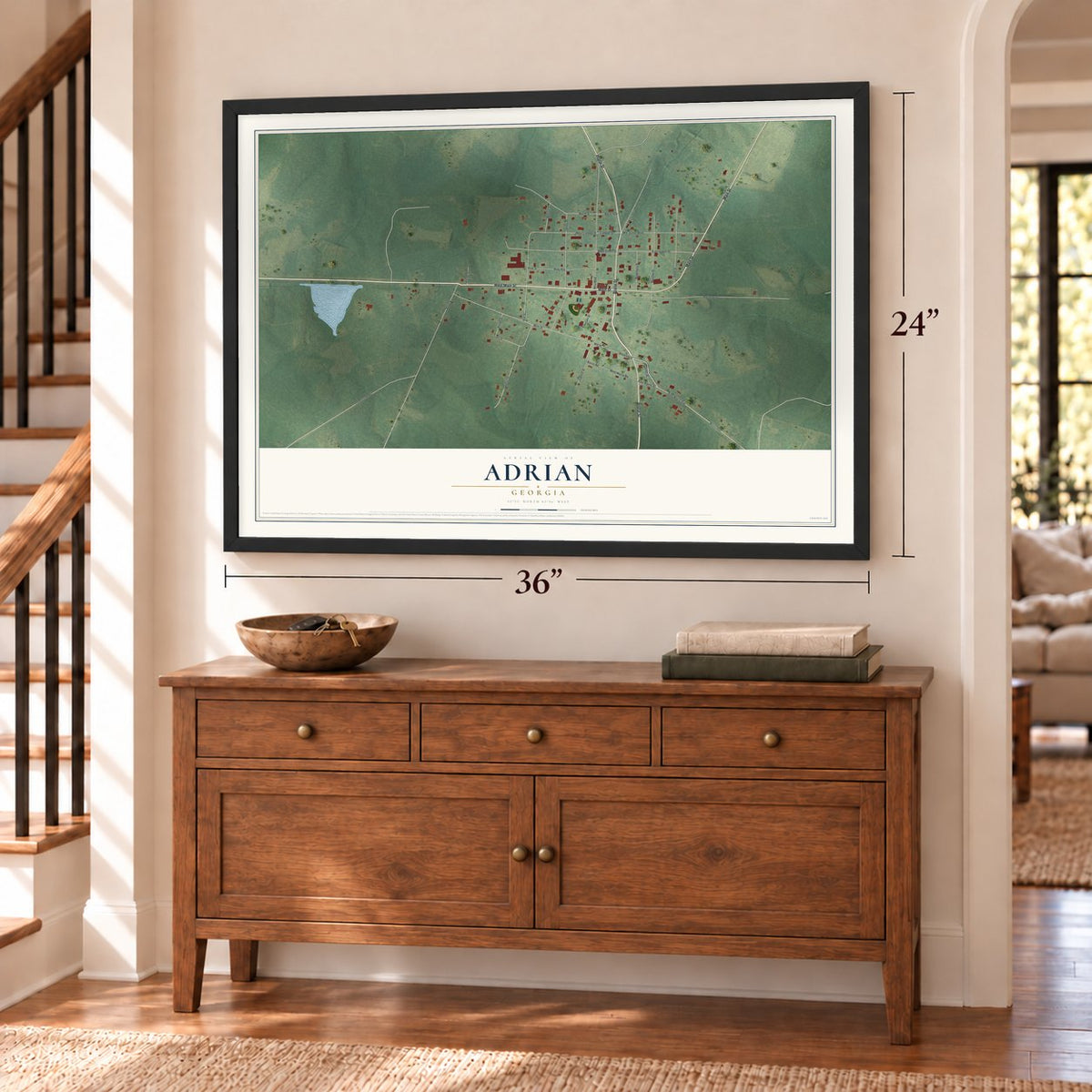 Adrian, Georgia map, 24 x 36 inch print in a black frame above a dresser by a staircase