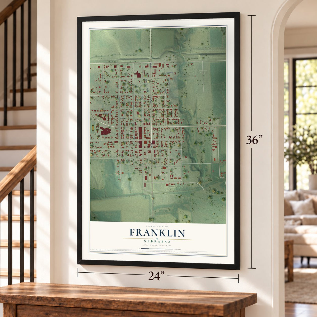 Franklin, Nebraska map, 24 x 36 inch print in a black frame by a staircase