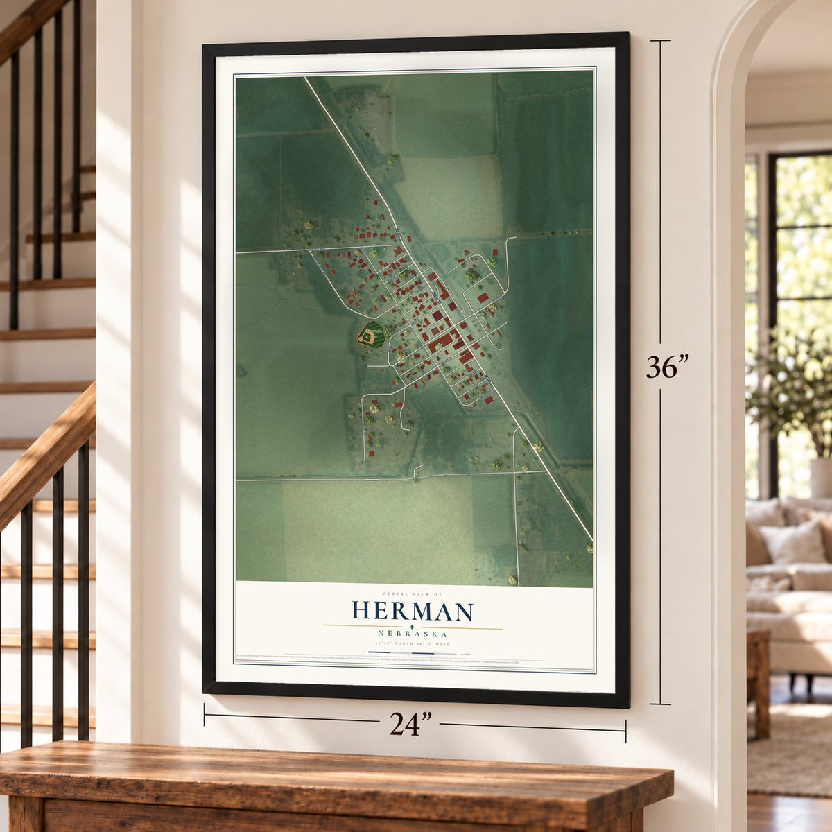 Herman, Nebraska map, 24 x 36 inch print in a black frame by a staircase