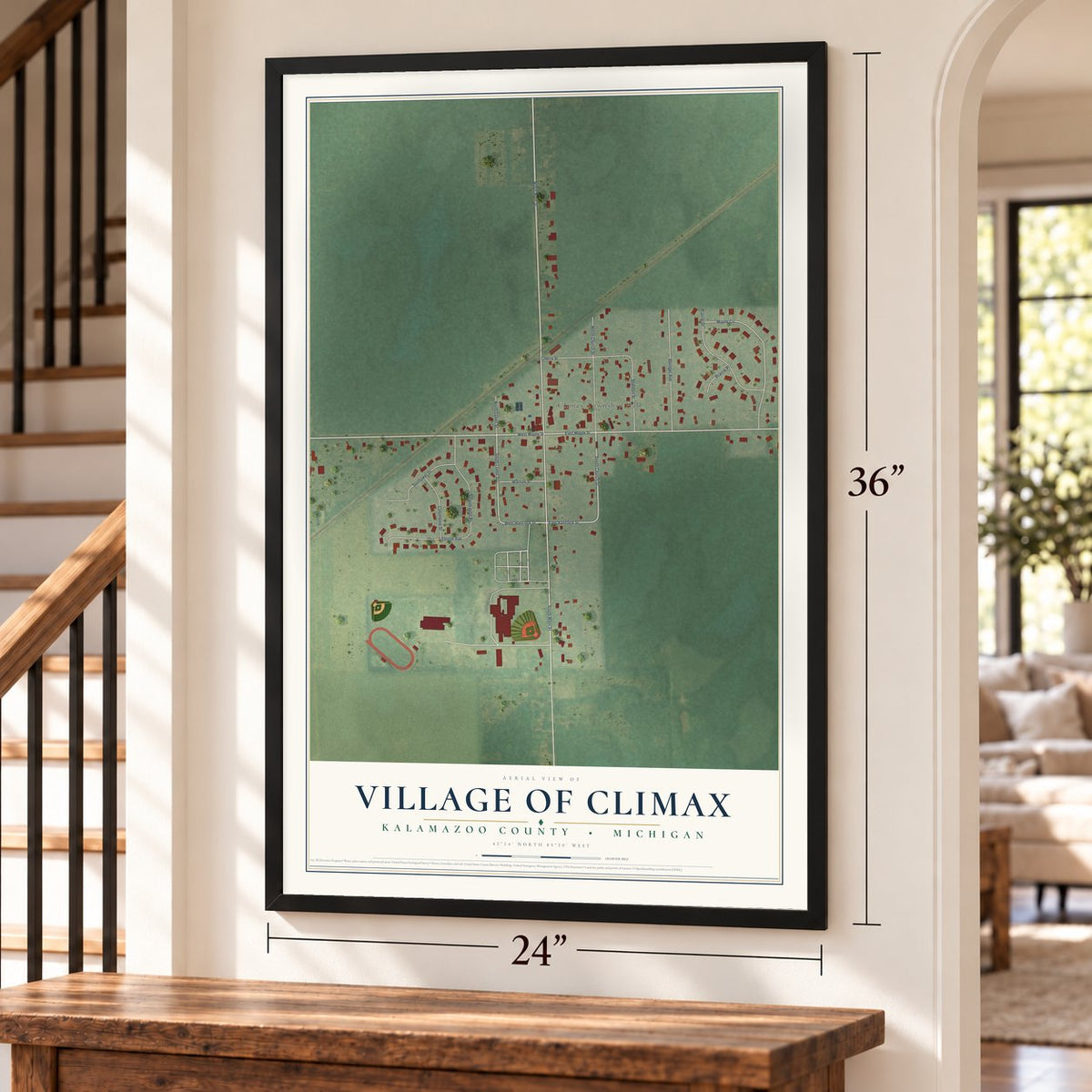 Climax, Michigan map, 24 x 36 inch print in a black frame by a staircase