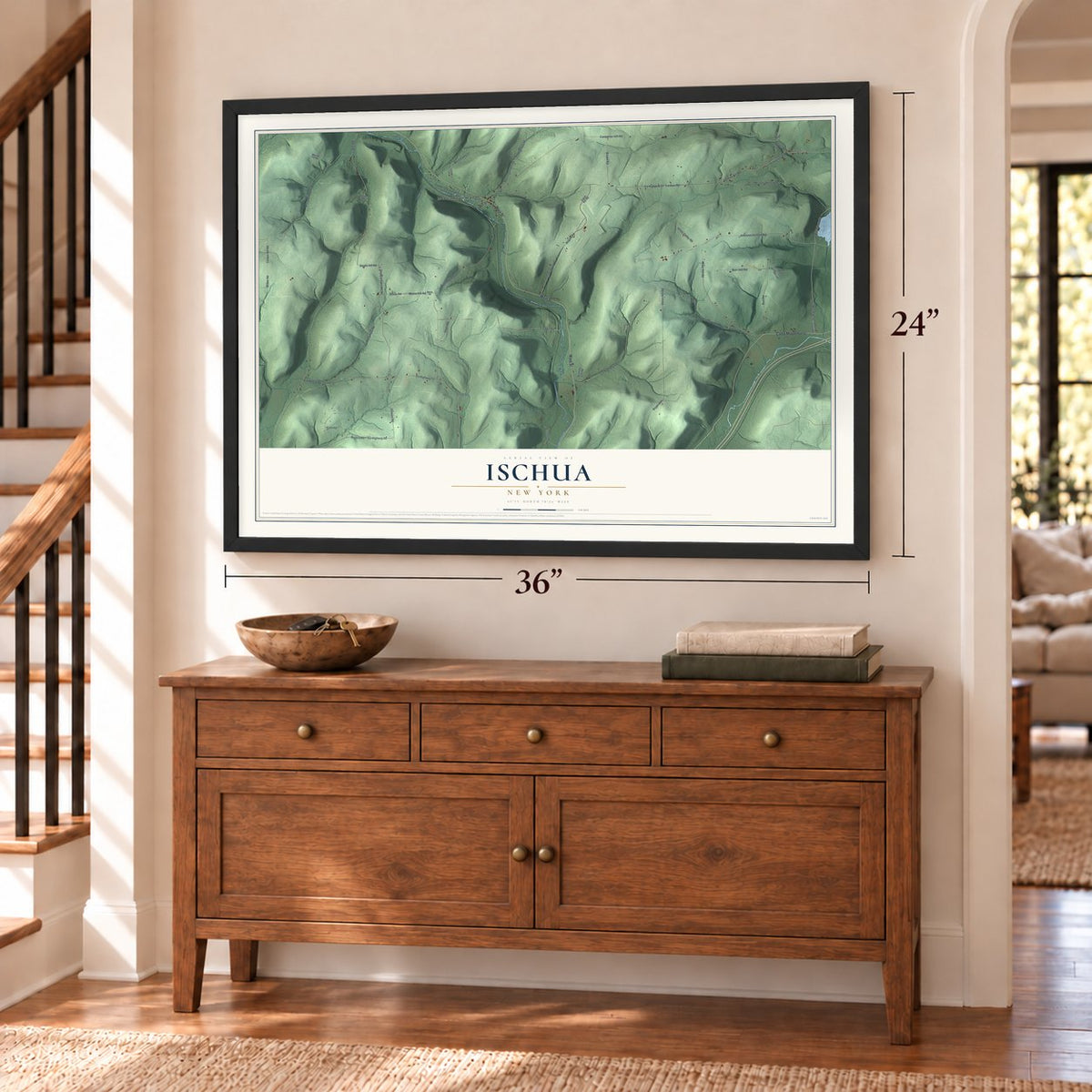 Ischua, New York map, 24 x 36 inch print in a black frame above a dresser by a staircase