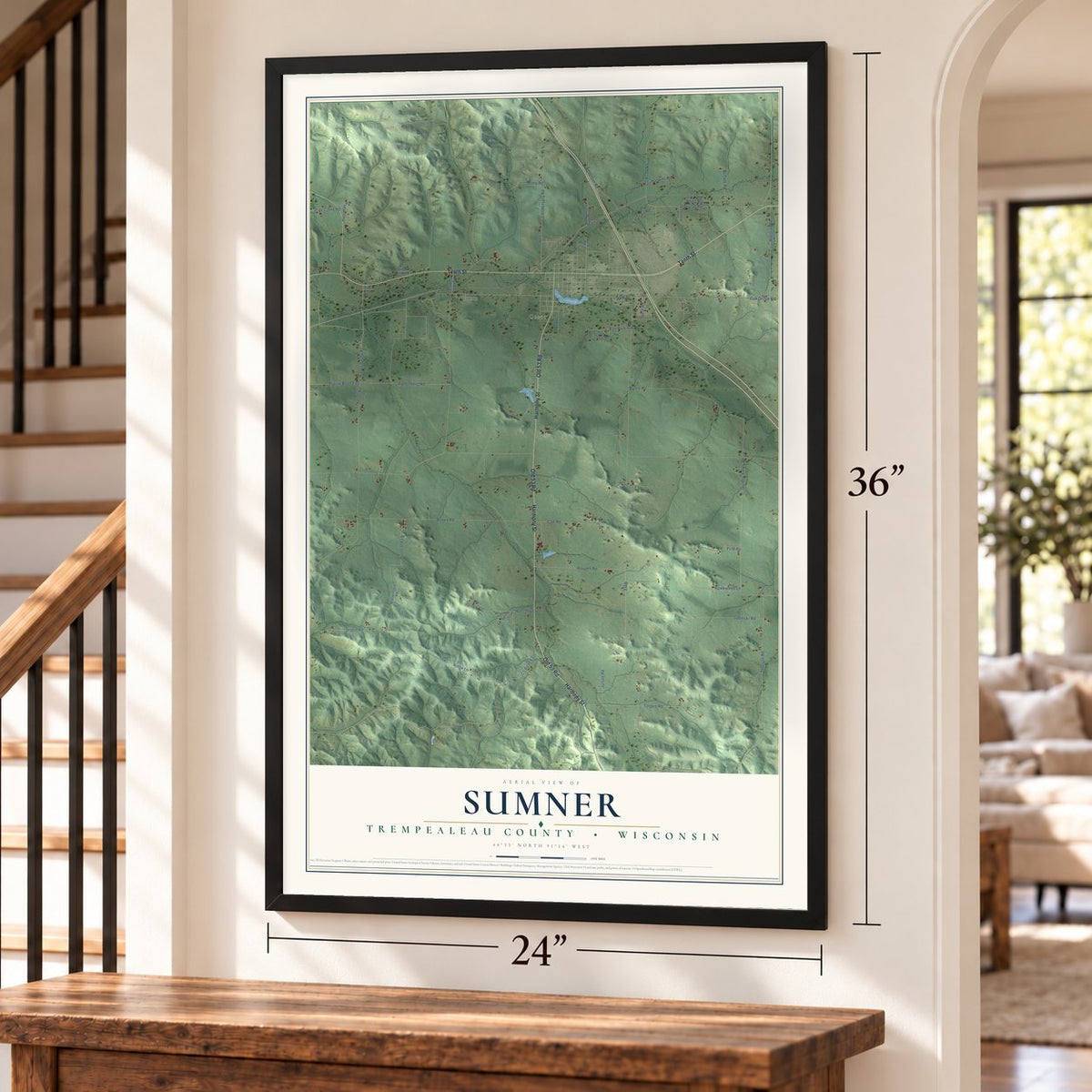 Sumner, Trempealeau County, Wisconsin map, 24 x 36 inch print in a black frame by a staircase