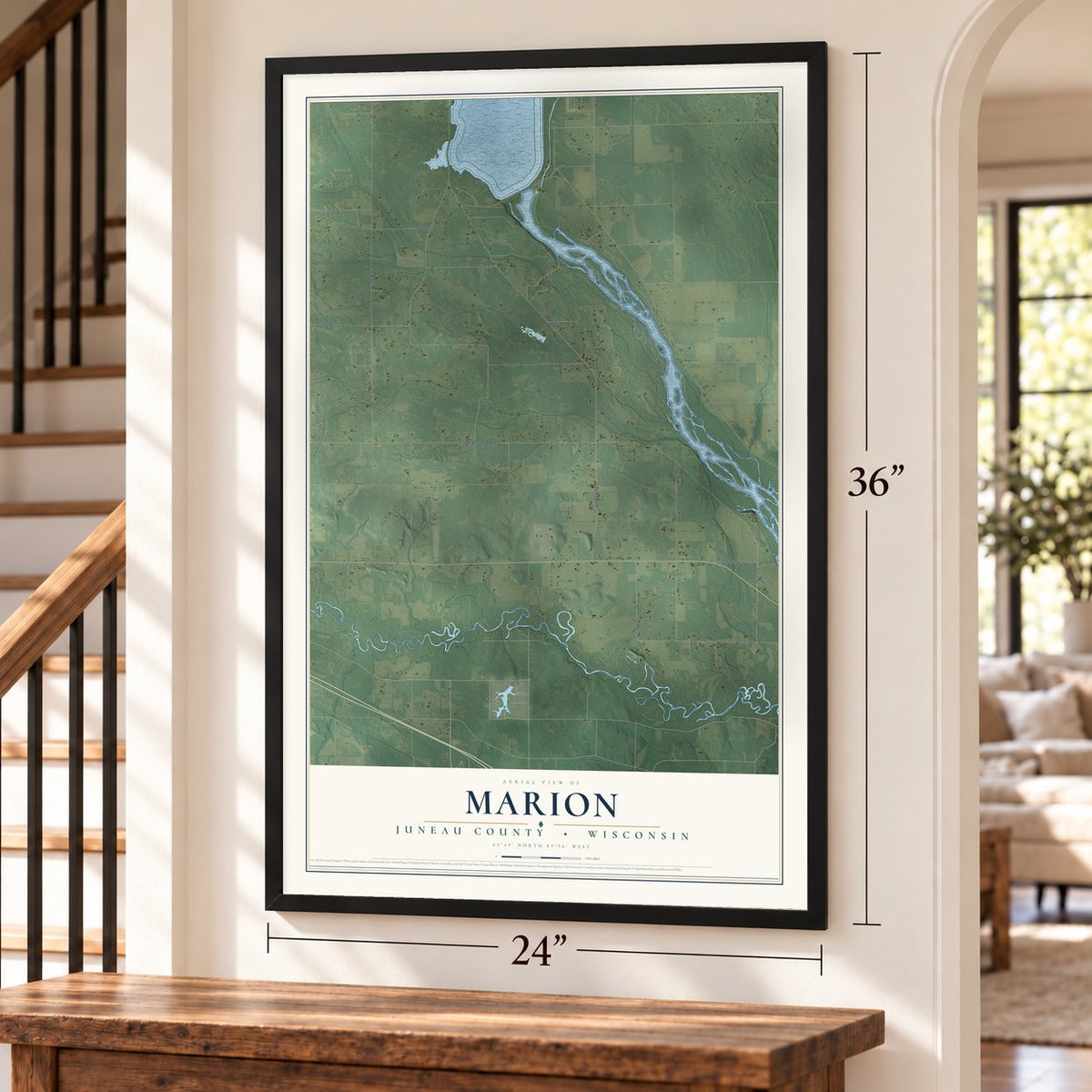 Marion, Juneau County, Wisconsin map, 24 x 36 inch print in a black frame by a staircase