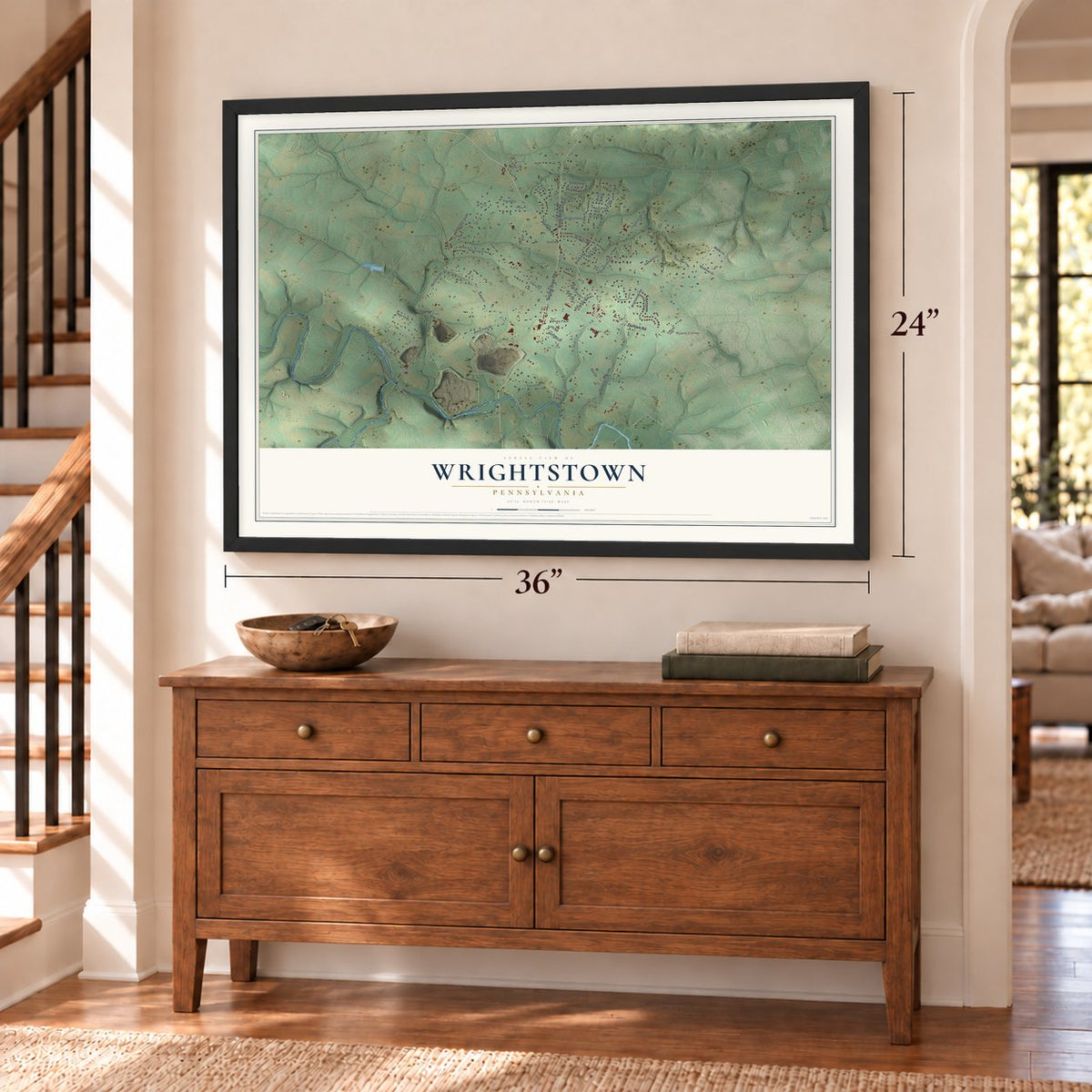 Wrightstown, Pennsylvania map, 24 x 36 inch print in a black frame above a dresser by a staircase