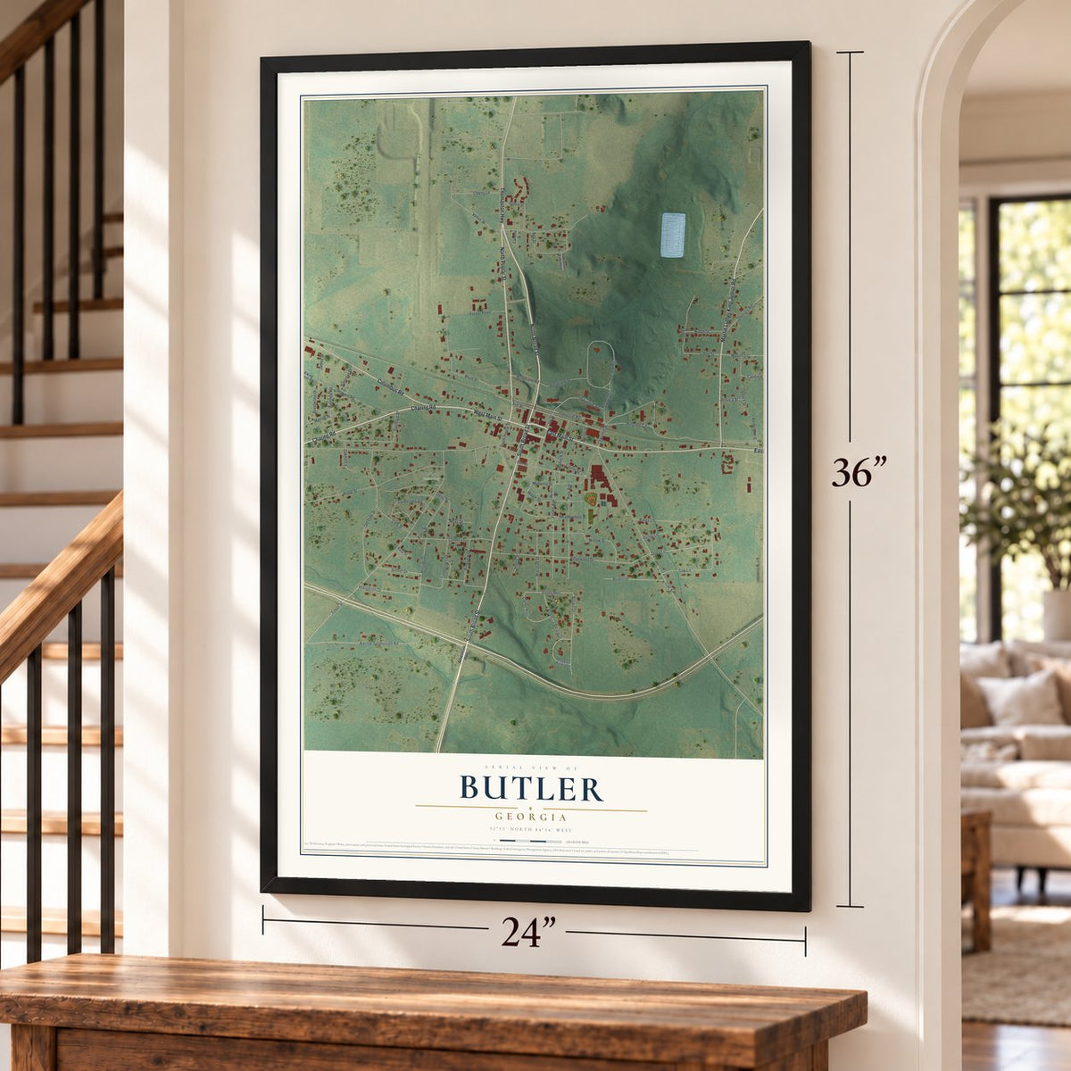 Butler, Georgia map, 24 x 36 inch print in a black frame by a staircase