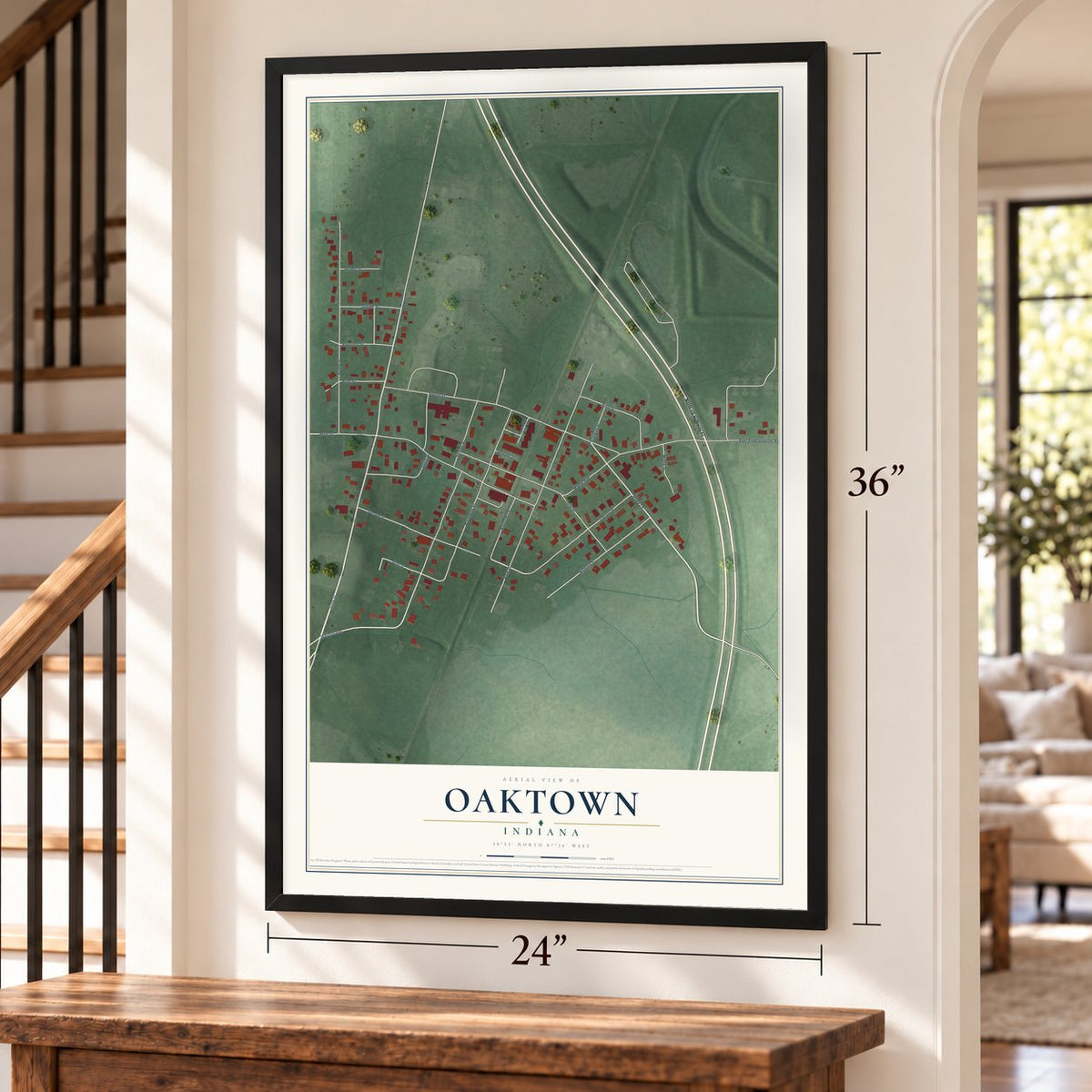 Oaktown, Indiana map, 24 x 36 inch print in a black frame by a staircase