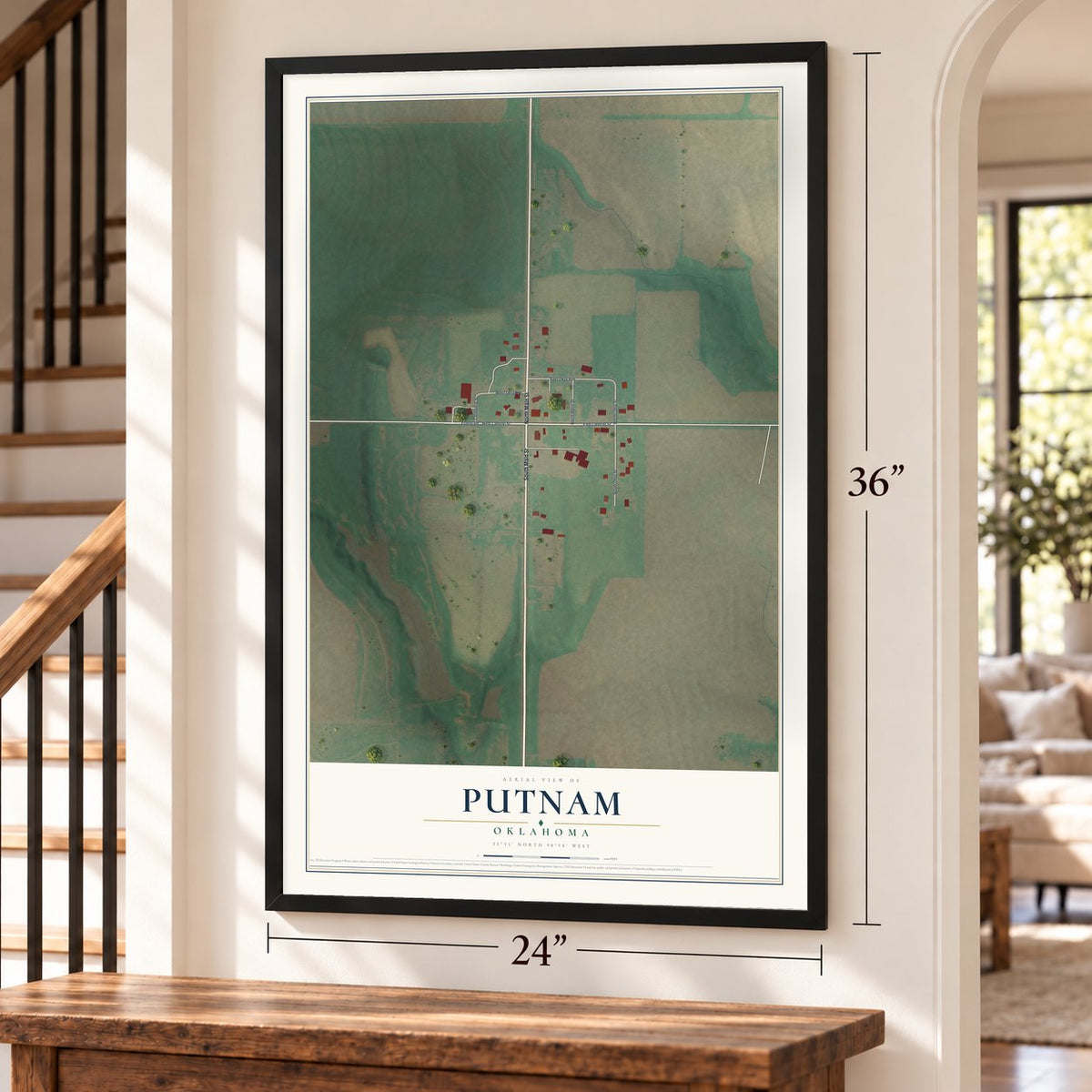 Putnam, Oklahoma map, 24 x 36 inch print in a black frame by a staircase