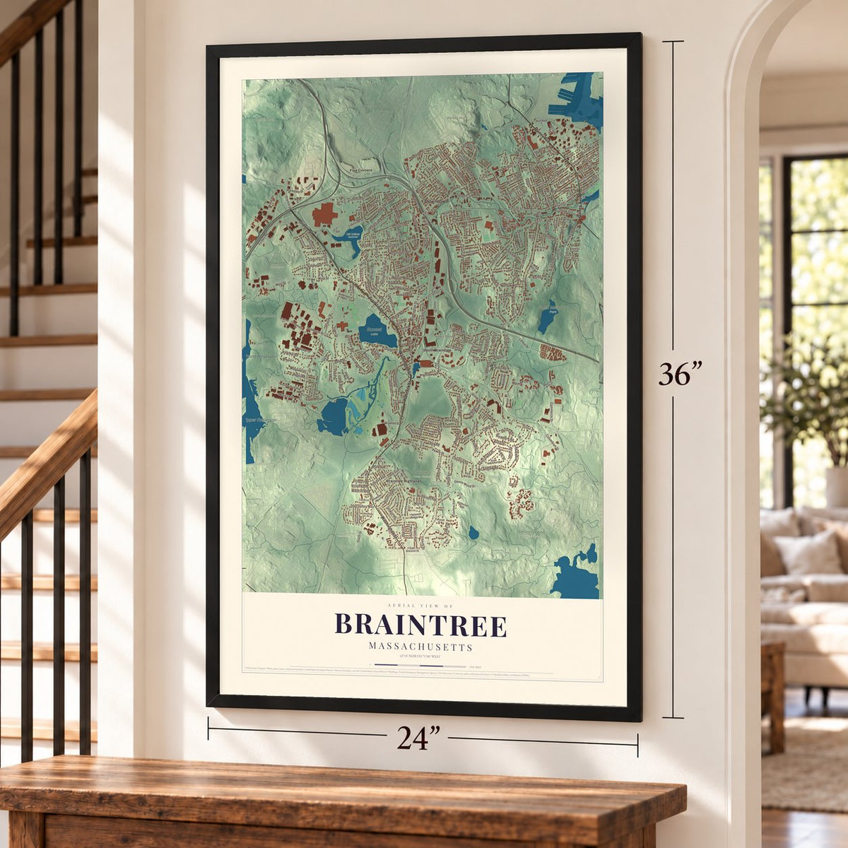 Braintree, Massachusetts map, 24 x 36 inch print in a black frame by a staircase