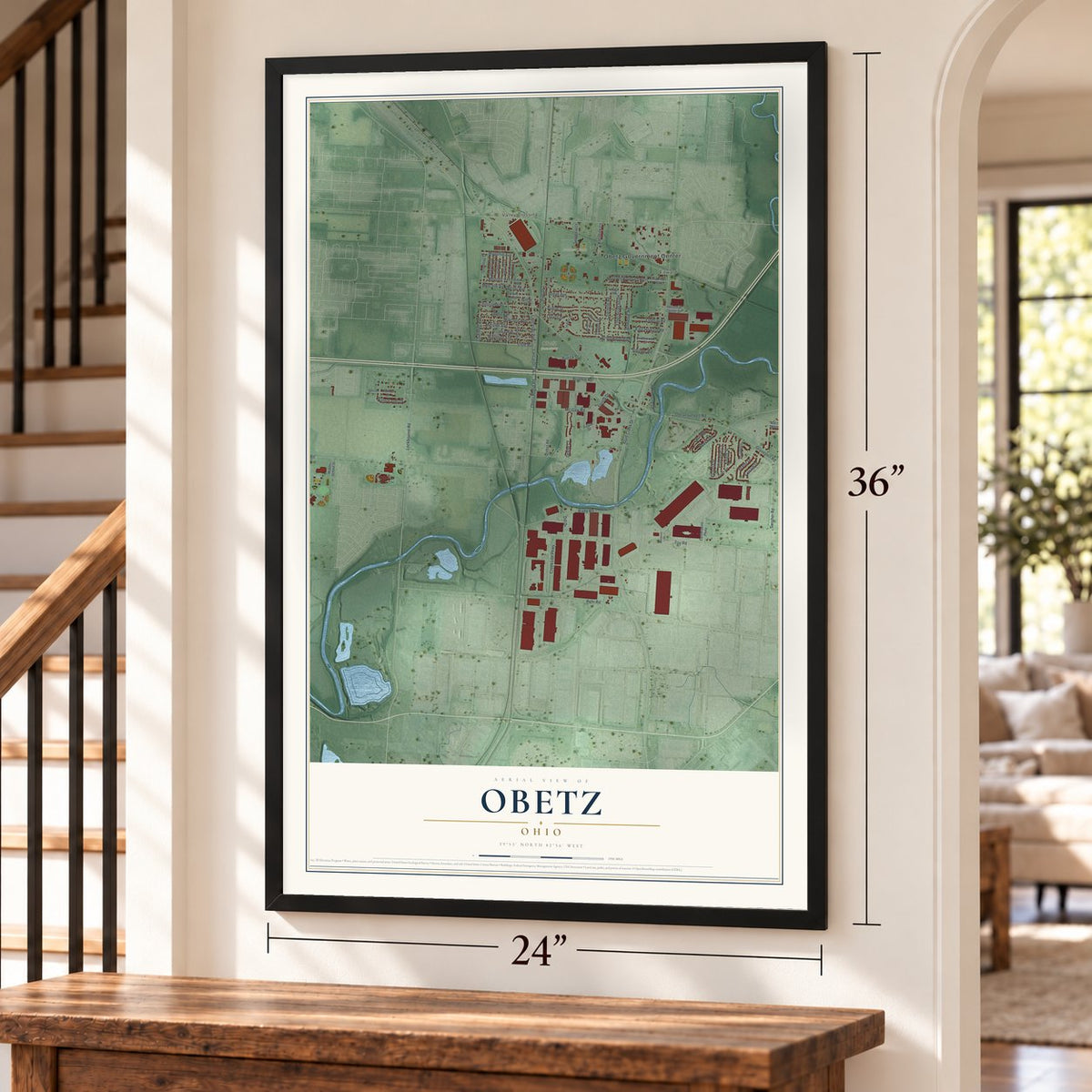 Obetz, Ohio map, 24 x 36 inch print in a black frame by a staircase