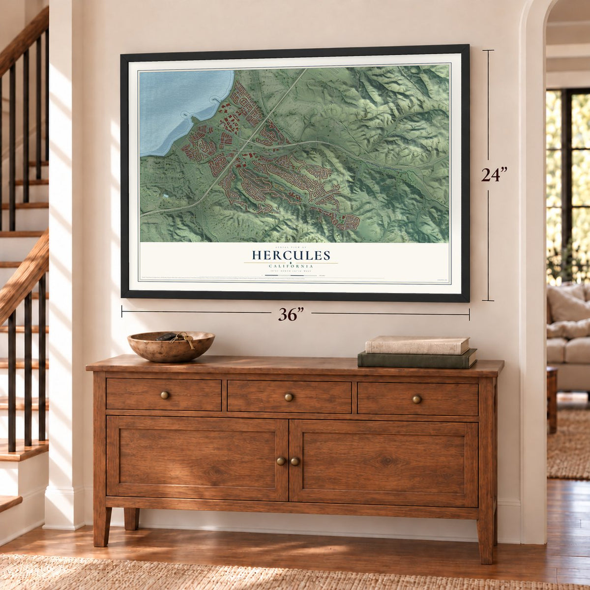 Hercules, California map, 24 x 36 inch print in a black frame above a dresser by a staircase