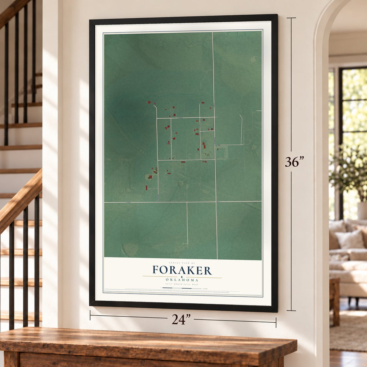 Foraker, Oklahoma map, 24 x 36 inch print in a black frame by a staircase