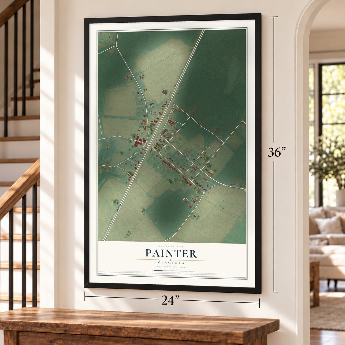 Painter, Virginia map, 24 x 36 inch print in a black frame by a staircase