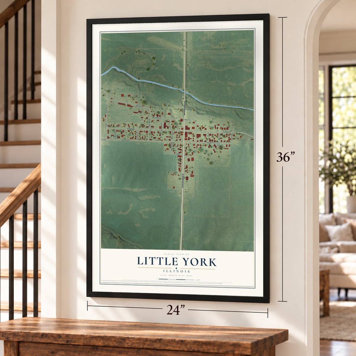 Little York, Illinois map, 24 x 36 inch print in a black frame by a staircase