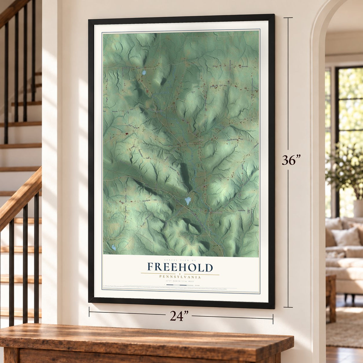 Freehold, Pennsylvania map, 24 x 36 inch print in a black frame by a staircase