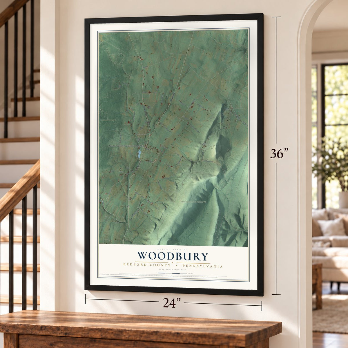 Woodbury, Bedford County, Pennsylvania map, 24 x 36 inch print in a black frame by a staircase