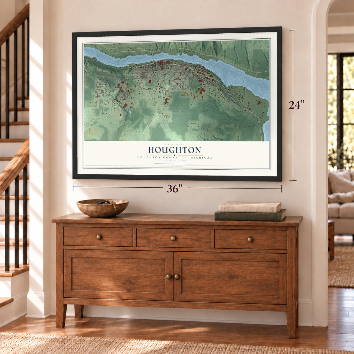 Houghton, Houghton County, Michigan map, 24 x 36 inch print in a black frame above a dresser by a staircase