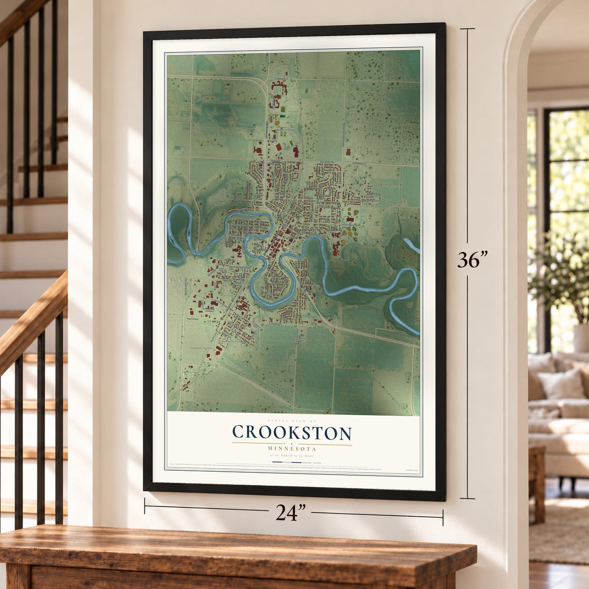 Crookston, Minnesota map, 24 x 36 inch print in a black frame by a staircase