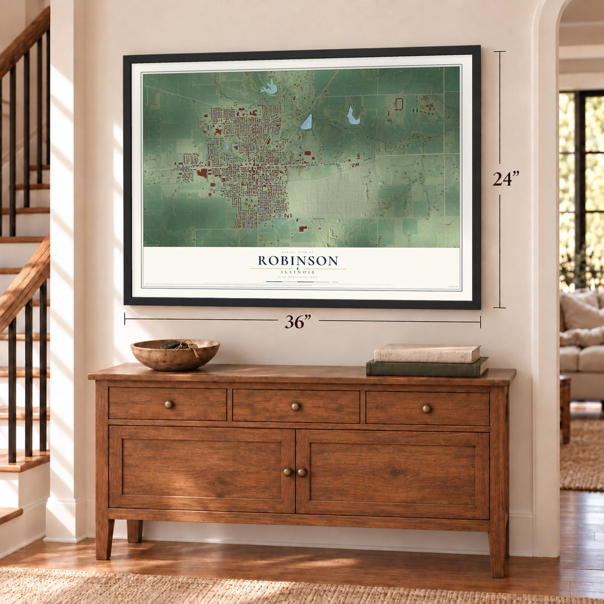 Robinson, Illinois map, 24 x 36 inch print in a black frame above a dresser by a staircase