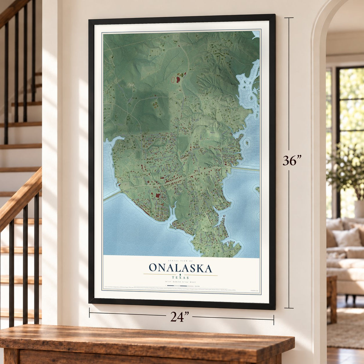 Onalaska, Texas map, 24 x 36 inch print in a black frame by a staircase