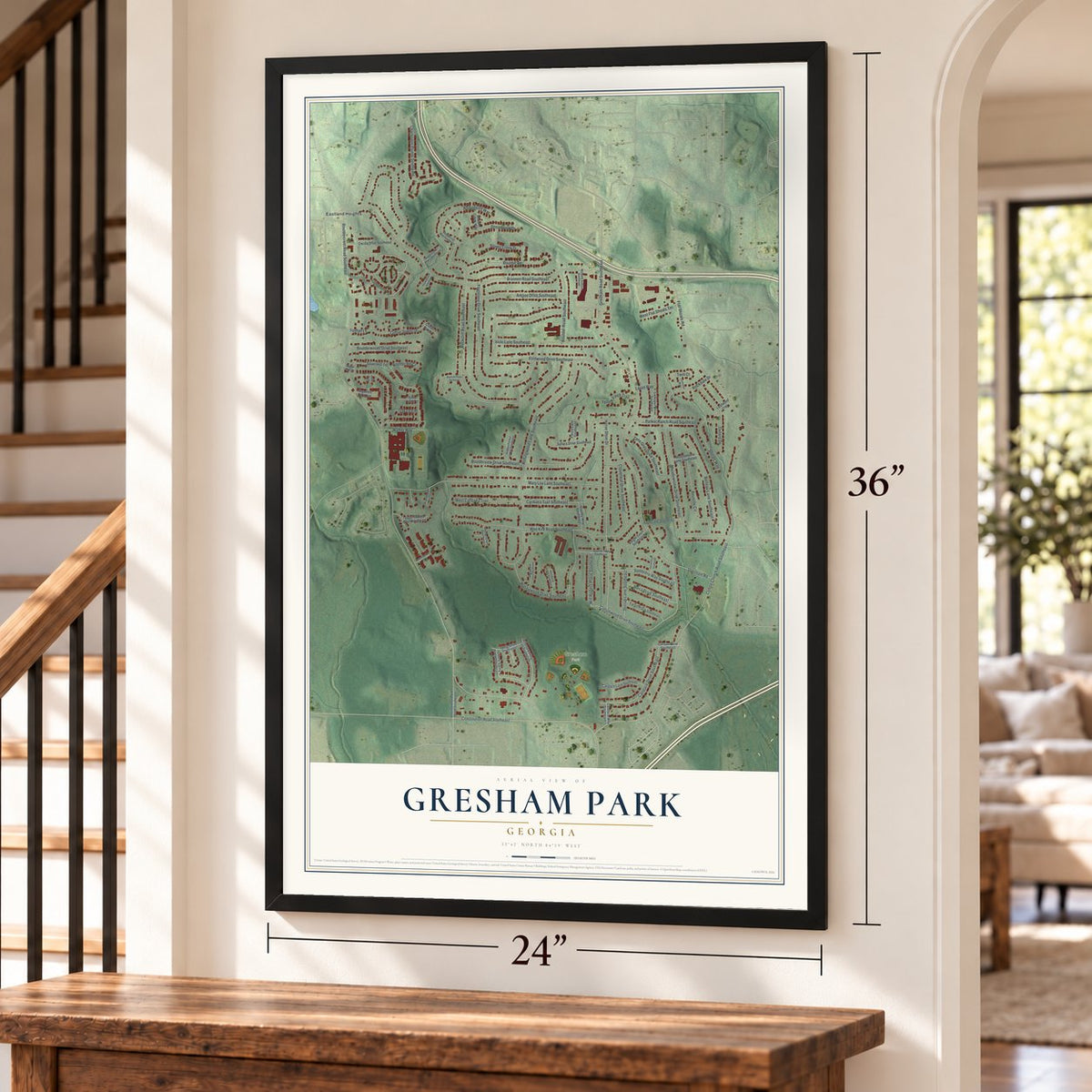 Gresham Park, Georgia map, 24 x 36 inch print in a black frame by a staircase