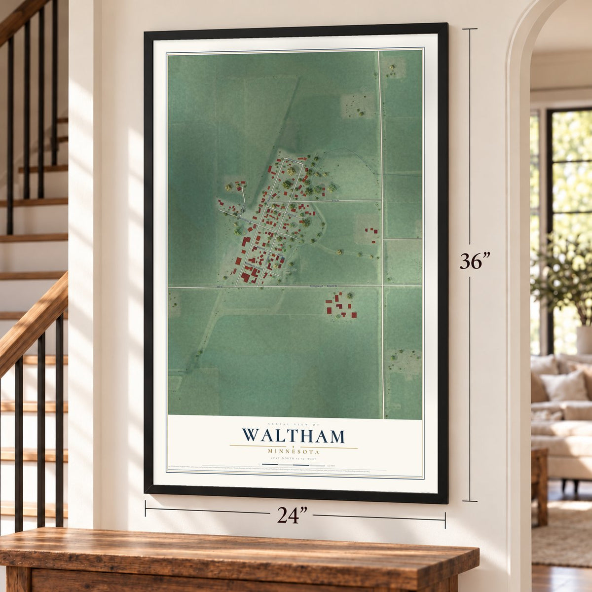 Waltham, Minnesota map, 24 x 36 inch print in a black frame by a staircase