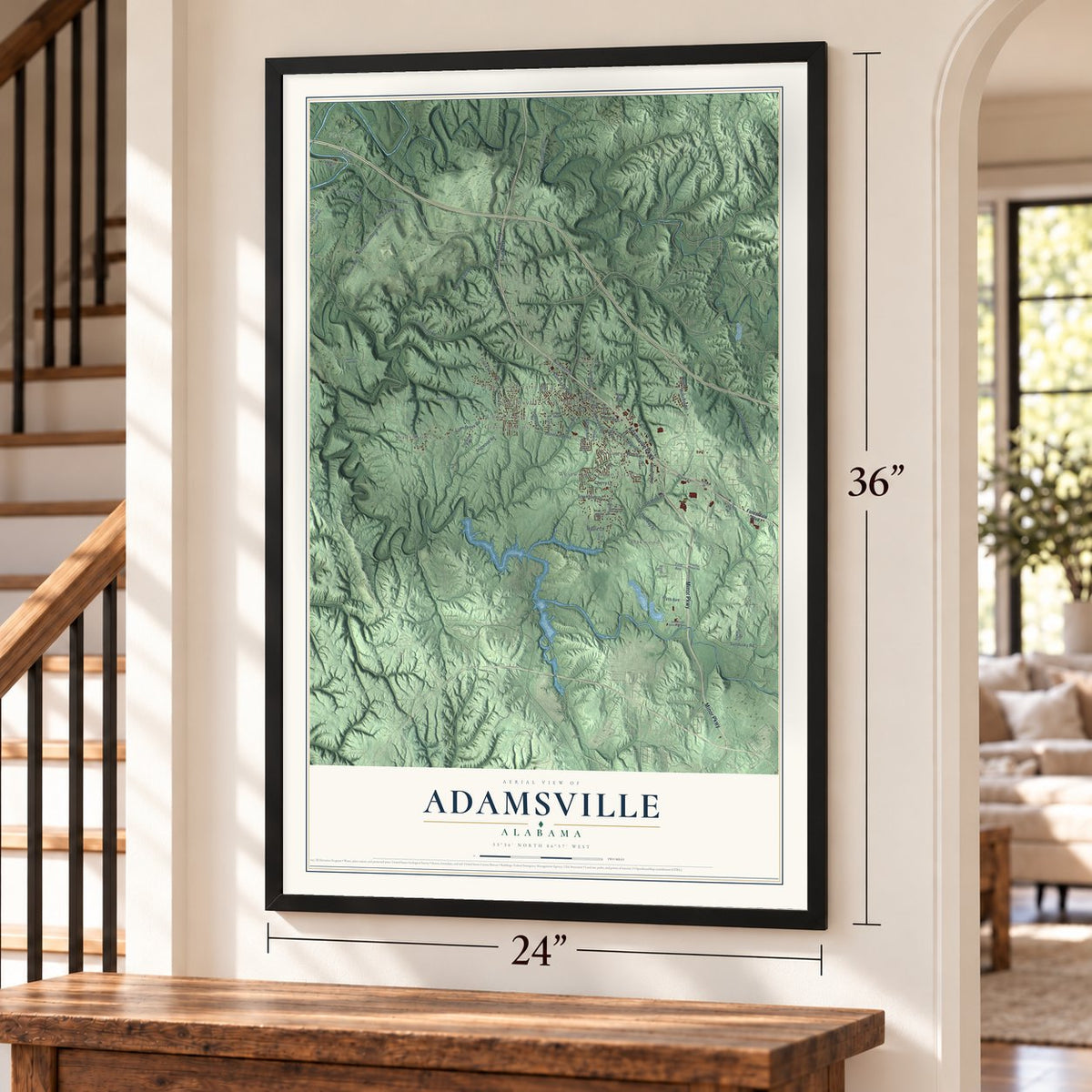 Adamsville, Alabama map, 24 x 36 inch print in a black frame by a staircase