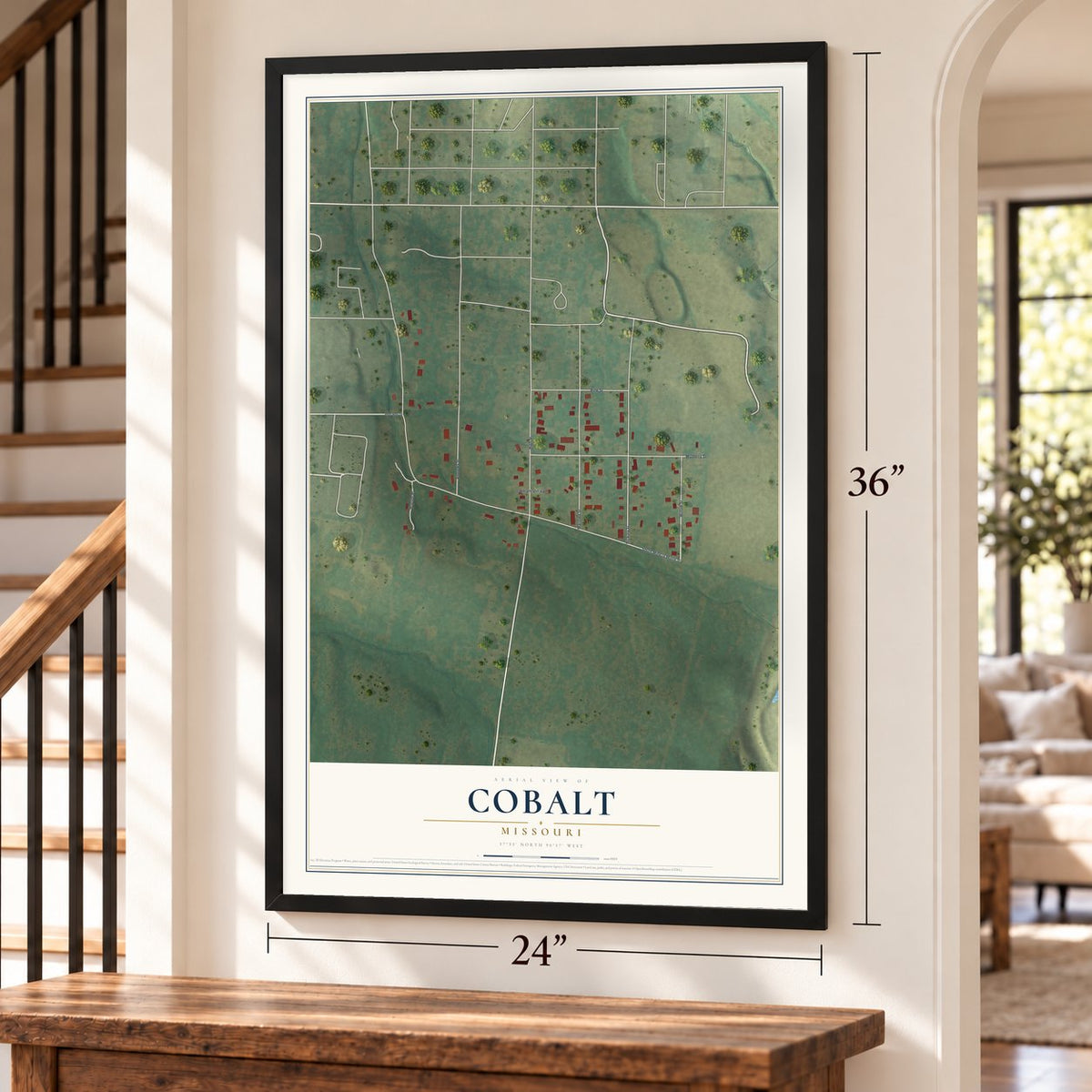 Cobalt, Missouri map, 24 x 36 inch print in a black frame by a staircase