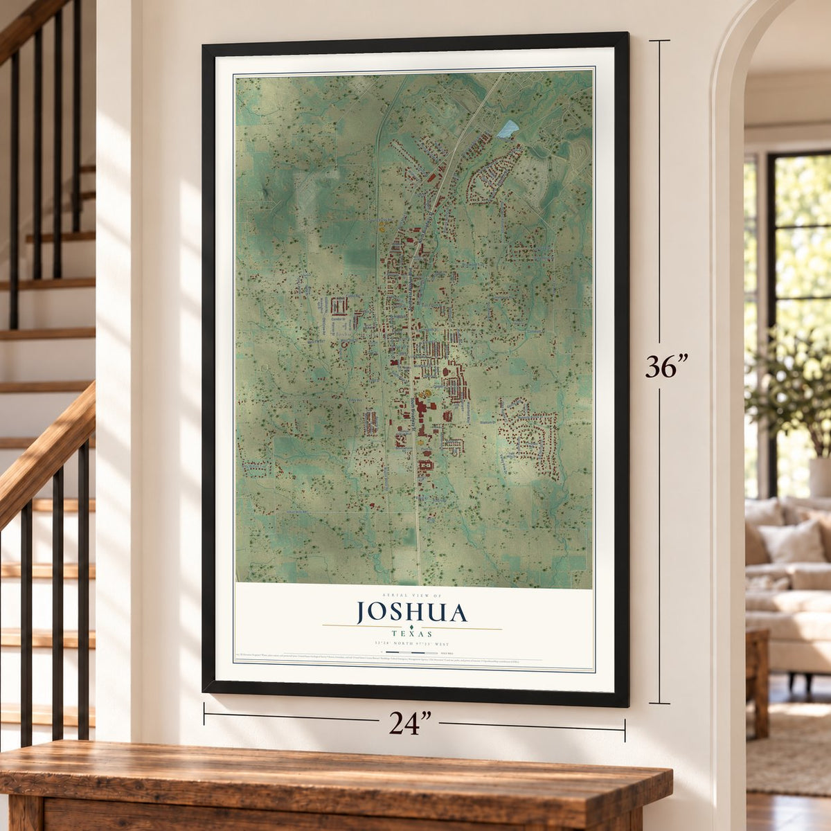 Joshua, Texas map, 24 x 36 inch print in a black frame by a staircase